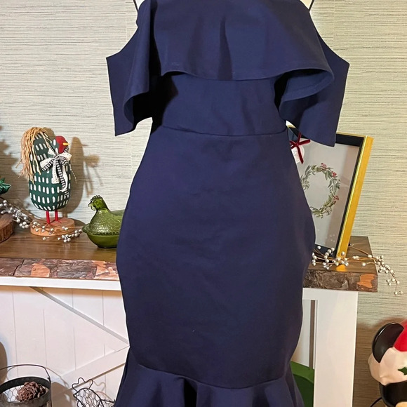 Lulus Navy Blue Confidence Boost Off The Shoulder Bodycon Midi Dress Medium - Picture 3 of 8